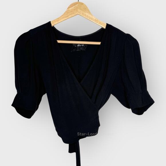 Reformation Finley XS Black Ruffle Wrap Top Cropped V-Neck Feminine French Girl - Picture 2 of 9